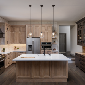 Square picture of custom kitchen with subway tile backsplash. Whole House Renovation Snowy Ridge